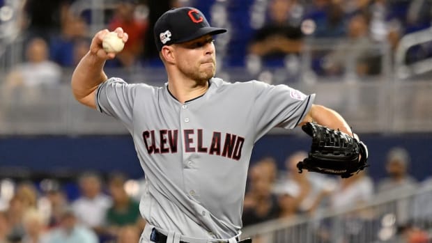 May 1, 2019; Miami, FL, USA; Cleveland Indians starting pitcher Corey Kluber (28) delivers a pitch in the first inning against the Miami Marlins at Marlins Park. Mandatory Credit: Jasen Vinlove-USA TODAY Sports